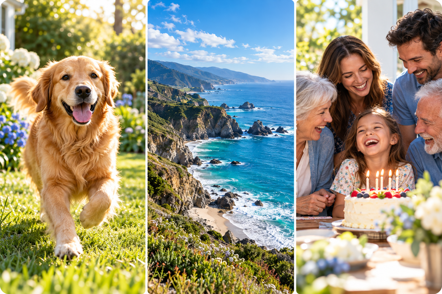 Un perro, un paisaje costero y una familia, ejemplos de fotos que FotoNexa puede organizar.